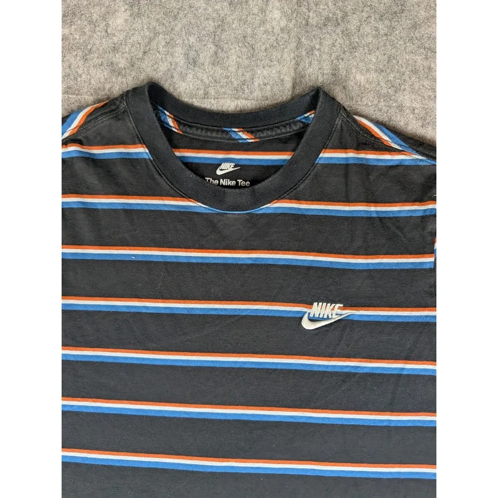 Nike Mens Striped Short‎ Sleeve Crewneck T-Shirt Black Blue Orange Swoosh Logo